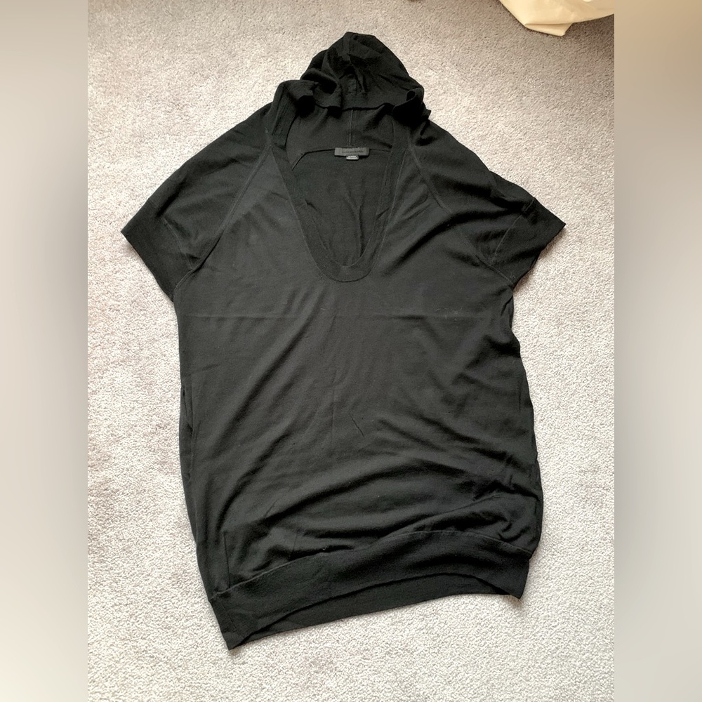 Alexander Wang Hooded V-Neck Short-Sleeved Lightweight Black Sweater Size M